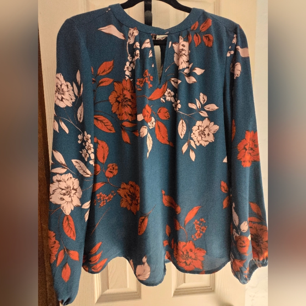 Maurices Teal Floral Long-Sleeve Blouse with Rust and White Flowers